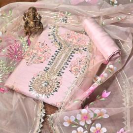 Buy Light Pink Colour Dupion Silk Unstitched Suits Set Online in Delhi