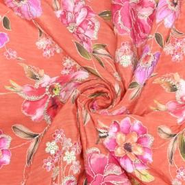 Buy Coral Colour Viscose Crepe Digital Print With Zari & Sequins Embroidery Fabrics Online in Delhi
