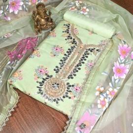 Buy Pista Green Colour Dupion Silk Unstitched Suits Set Online in Delhi