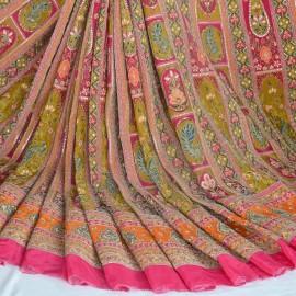 Buy Hot Pink Colour Viscose Crepe Digital Print With Zari & Sequins Embroidery Fabrics Online in Delhi