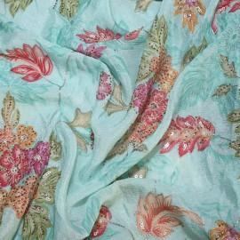 Buy Sky Blue Chinon Digital Print & Swarovski With Sequins Embroidery Fabrics Online in Delhi