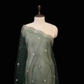 Buy Dark Jungle Green Colour Organza Zari Mirror Sequins Embroidery Dupatta Online in Delhi